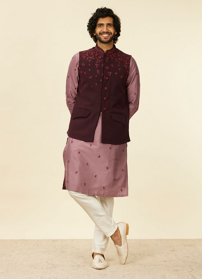 alt message - Manyavar Men Grape Wine and Lilac Kurta Jacket Set image number 3